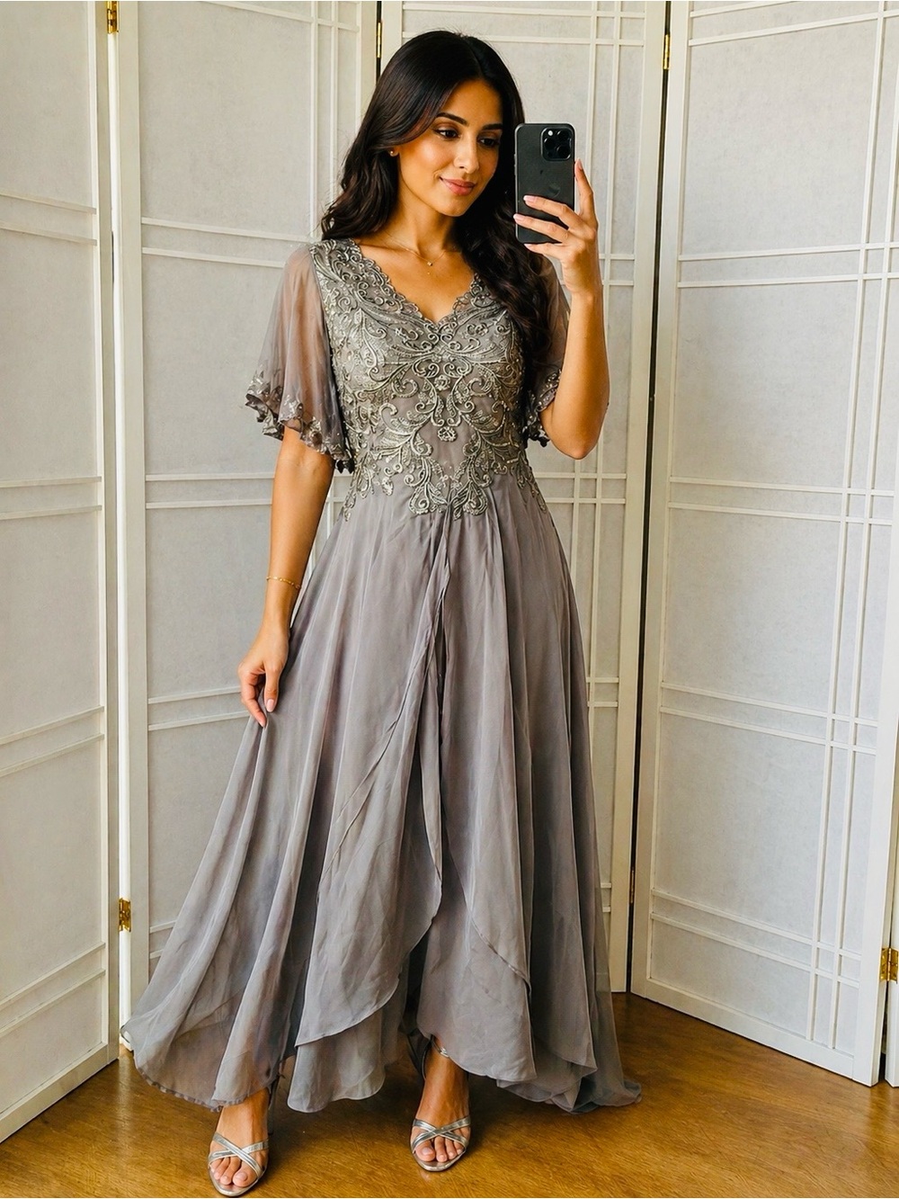 Embroidered V-Neck Maxi Dress in Dark Silver Grey Pewter | MOB | Bridesmaid